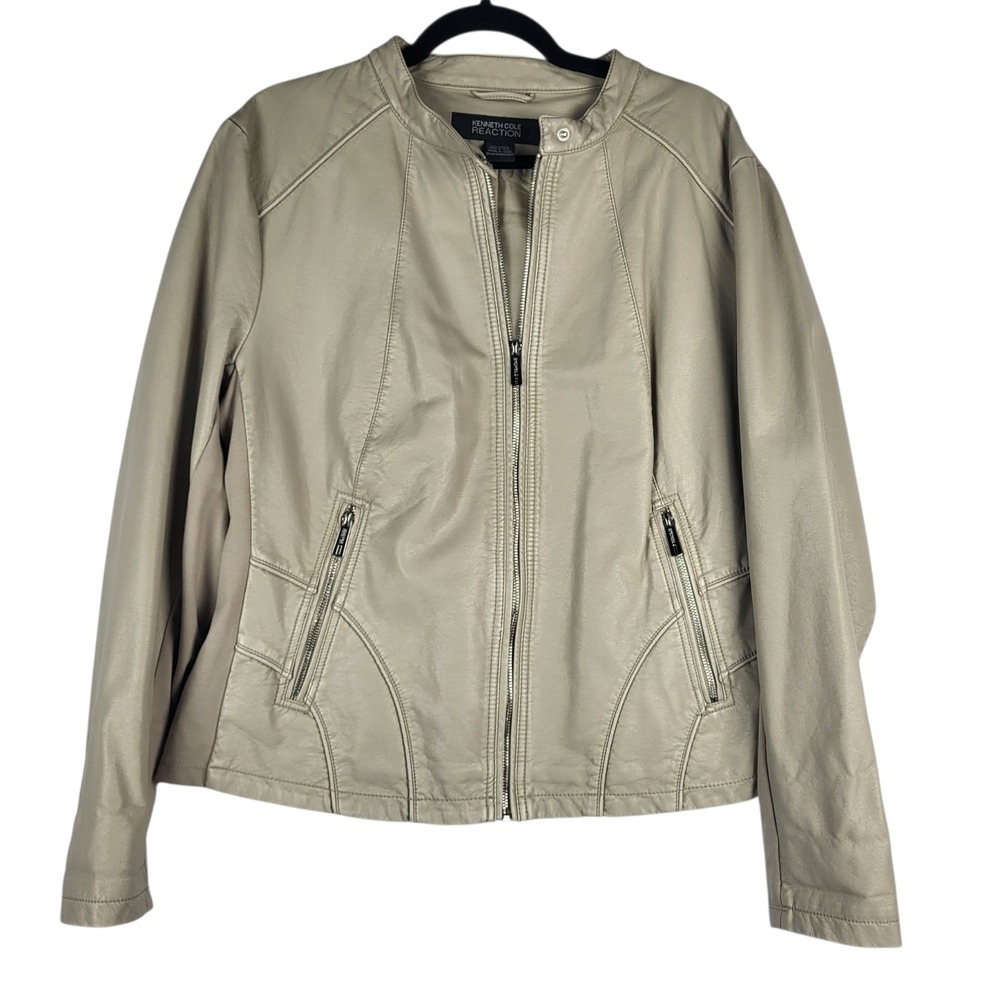 Kenneth Cole Reaction Faux Leather Jacket Women's 2XL Tan Zip Pockets Moto‎